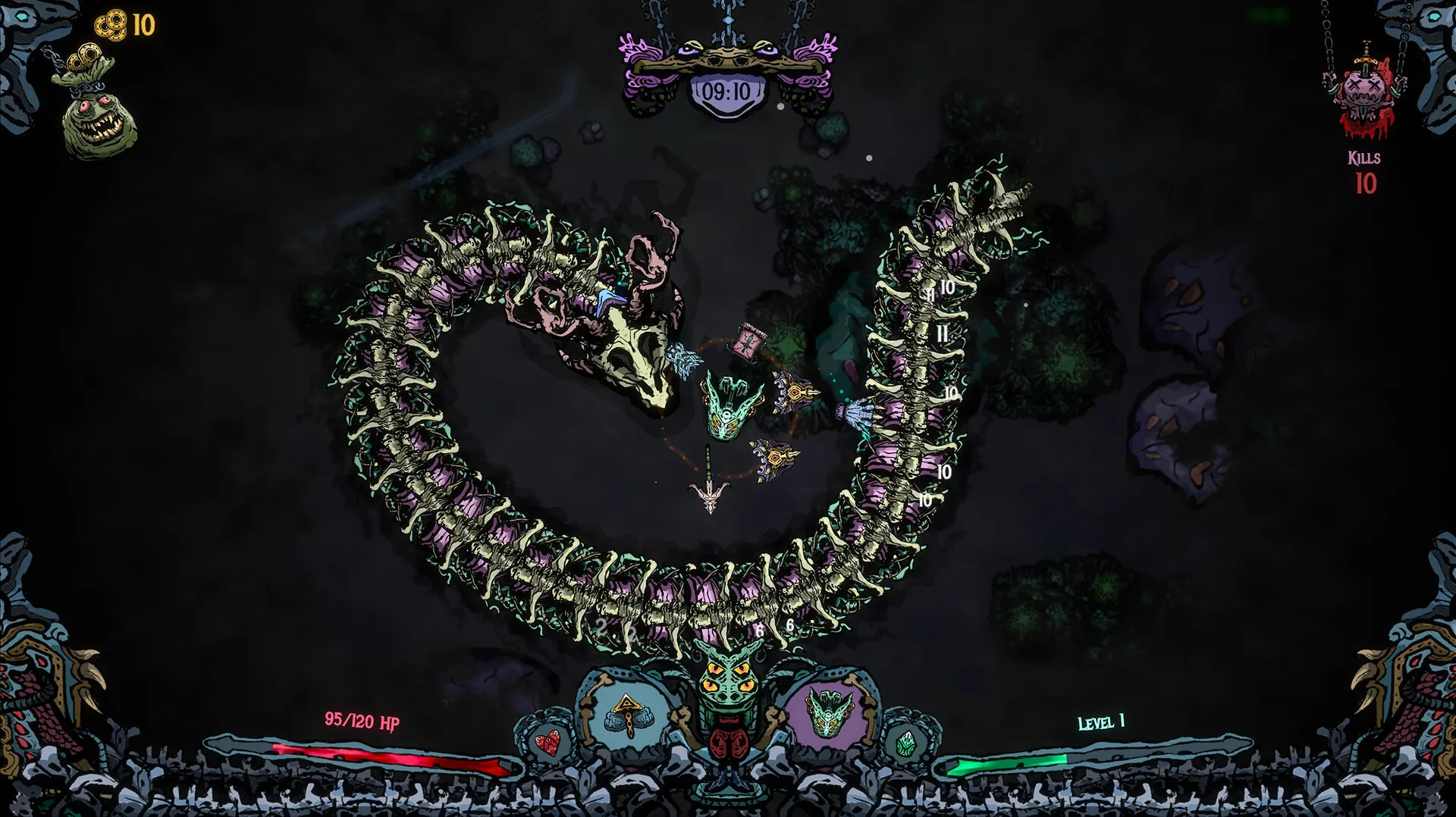 Devoidant screenshot: A giant bone serpent coiling across the arena
